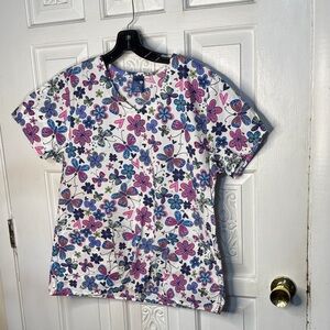 Zoe + Chloe Floral Print Blossom Bloom Print Short Sleeve Scrub Top Size Large
